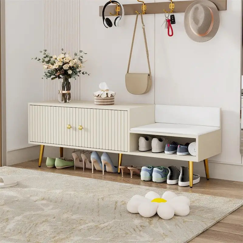 Modern Shoe Storage Bench with Hidden Storage and Upholstered Cushions