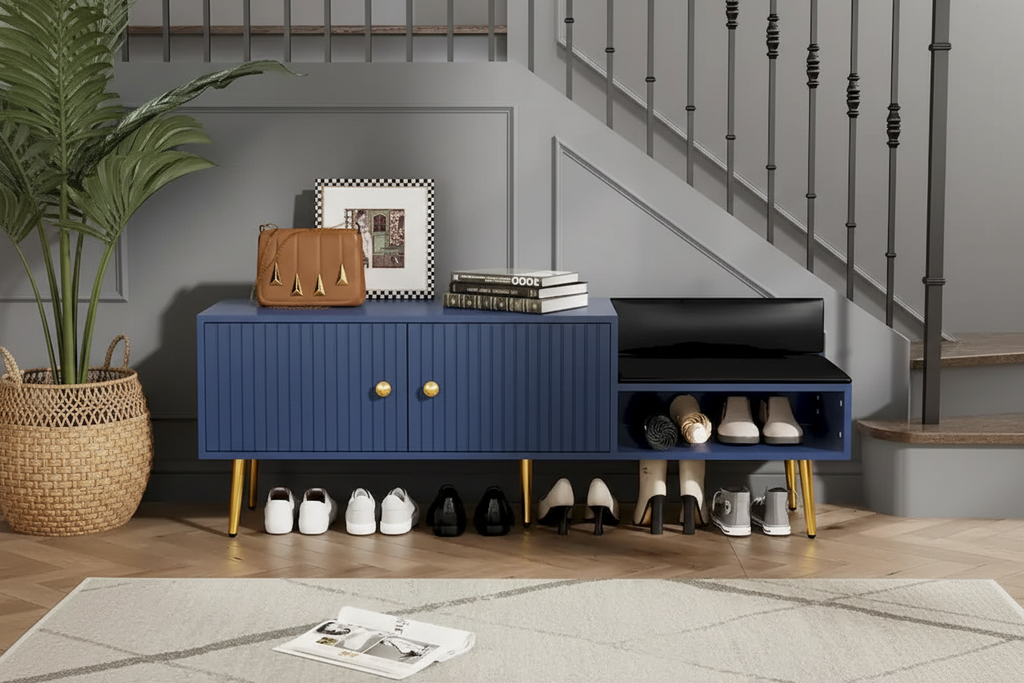 Modern Shoe Storage Bench with Hidden Storage and Upholstered Cushions