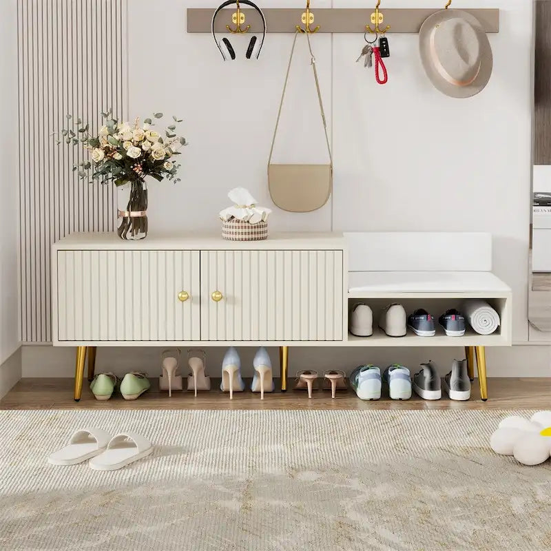 Modern Shoe Storage Bench with Hidden Storage and Upholstered Cushions