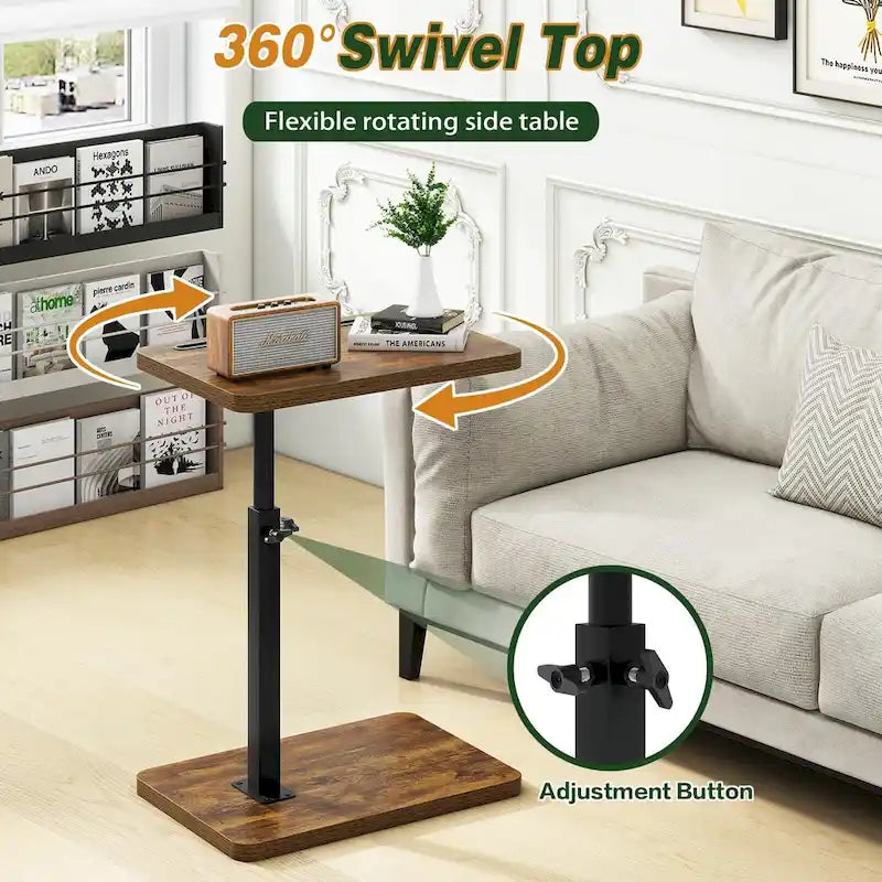 Adjustable C-Shaped End Table w/360 Swivel & Phone Slot for Sofa/Bed