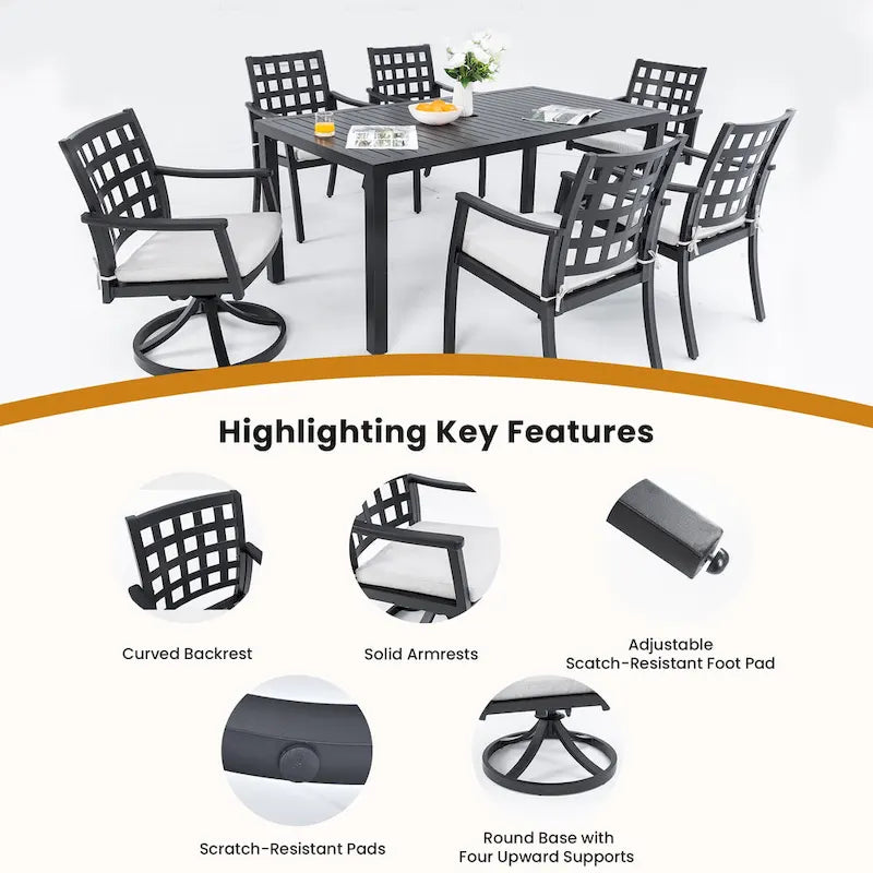 Modern Classic 7PC Outdoor Patio Dining Set,a Rectangular Table,Six Chairs (4 Stationary, 2 Swivel Rockers)