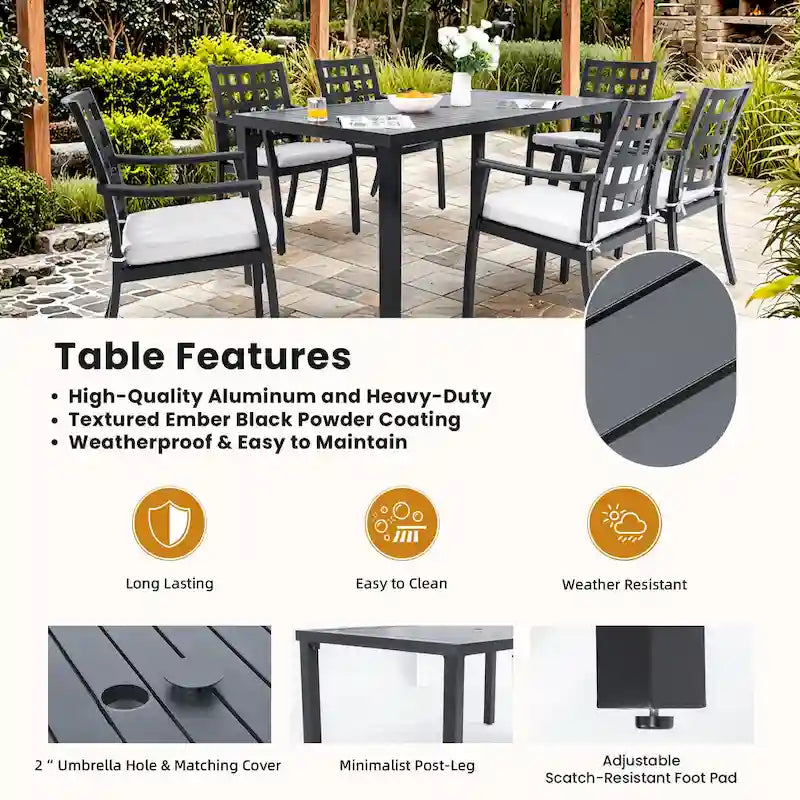 Modern Classic 7PC Outdoor Patio Dining Set,a Rectangular Table,Six Chairs (4 Stationary, 2 Swivel Rockers)
