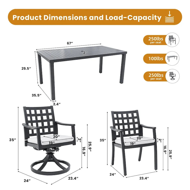 Modern Classic 7PC Outdoor Patio Dining Set,a Rectangular Table,Six Chairs (4 Stationary, 2 Swivel Rockers)