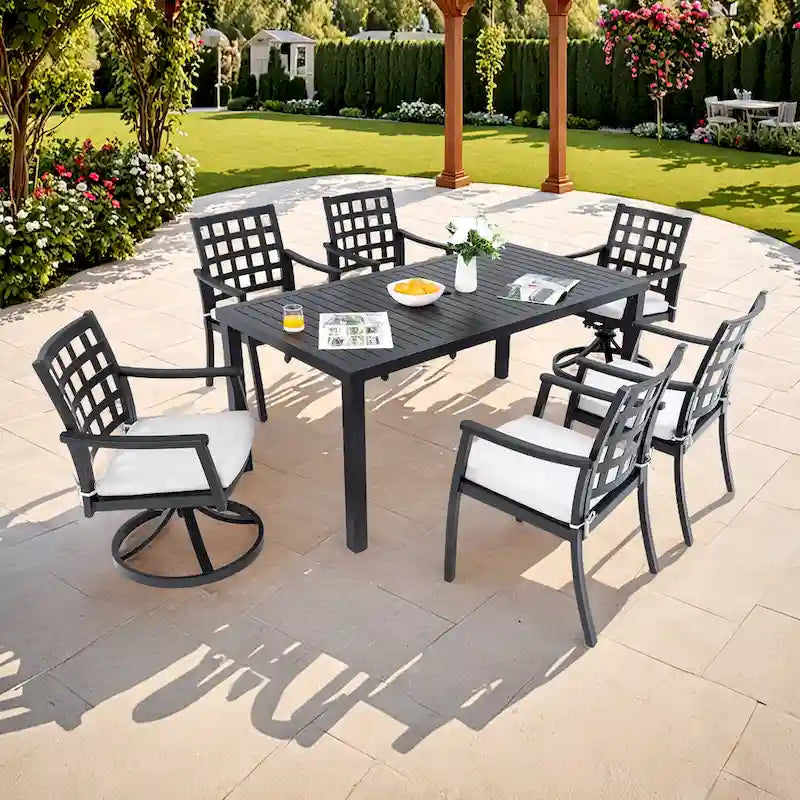 Modern Classic 7PC Outdoor Patio Dining Set,a Rectangular Table,Six Chairs (4 Stationary, 2 Swivel Rockers)