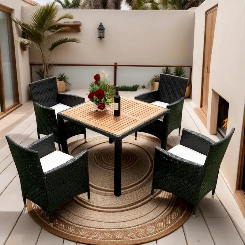 5 Piece Outdoor Patio Wicker Dining Set, Poolside Picnic Beer Coffee Table with 4 Removable Cushions Wicker Arm Chairs