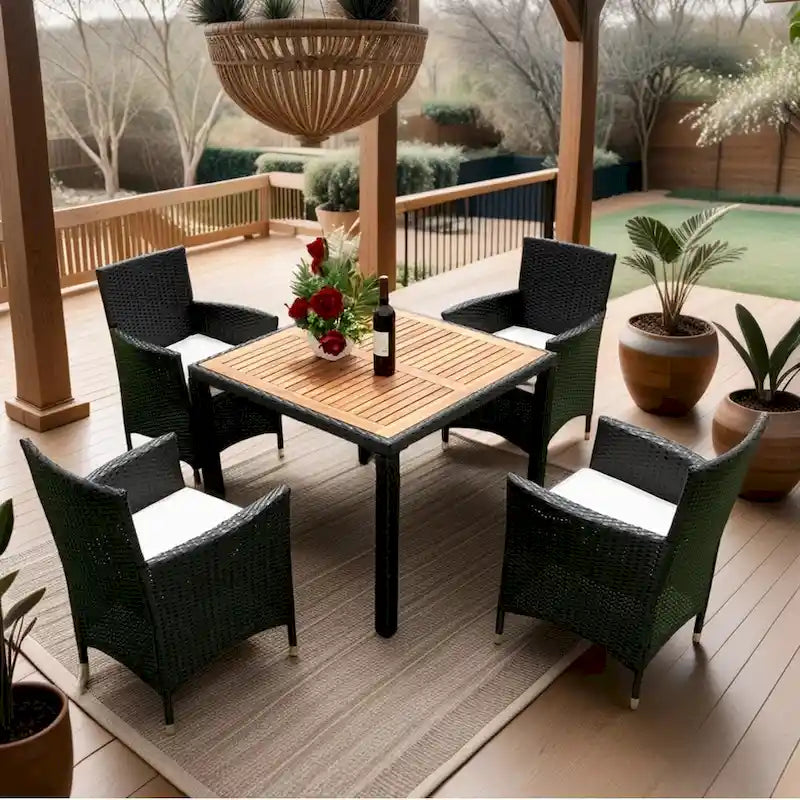 5 Piece Outdoor Patio Wicker Dining Set, Poolside Picnic Beer Coffee Table with 4 Removable Cushions Wicker Arm Chairs