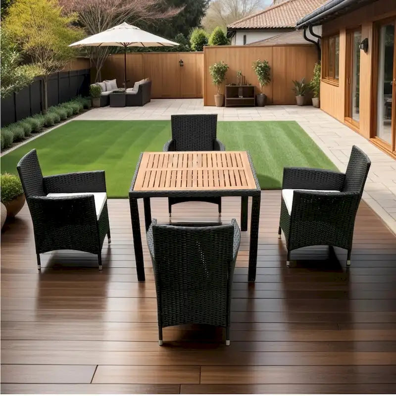 5 Piece Outdoor Patio Wicker Dining Set, Poolside Picnic Beer Coffee Table with 4 Removable Cushions Wicker Arm Chairs