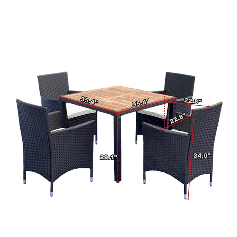 5 Piece Outdoor Patio Wicker Dining Set, Poolside Picnic Beer Coffee Table with 4 Removable Cushions Wicker Arm Chairs
