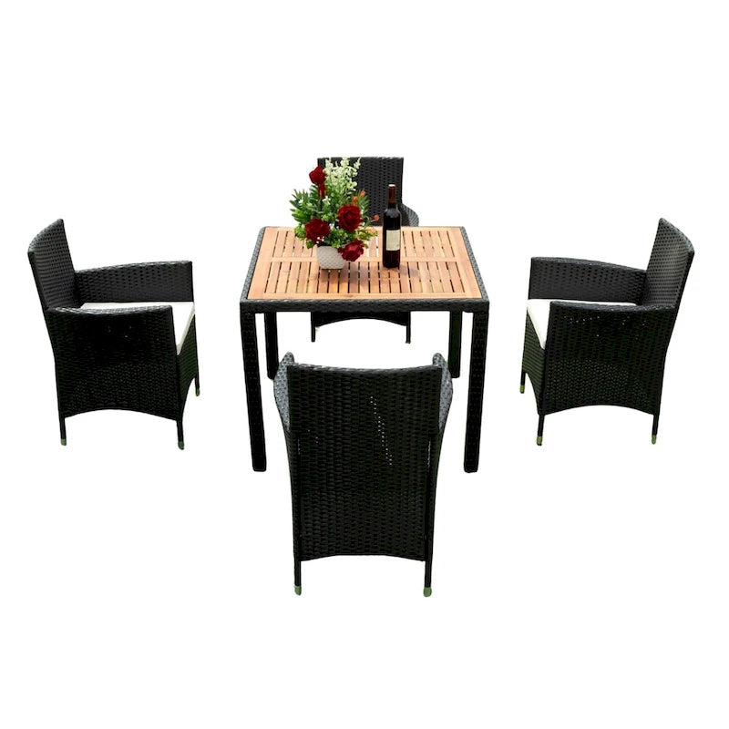 5 Piece Outdoor Patio Wicker Dining Set, Poolside Picnic Beer Coffee Table with 4 Removable Cushions Wicker Arm Chairs