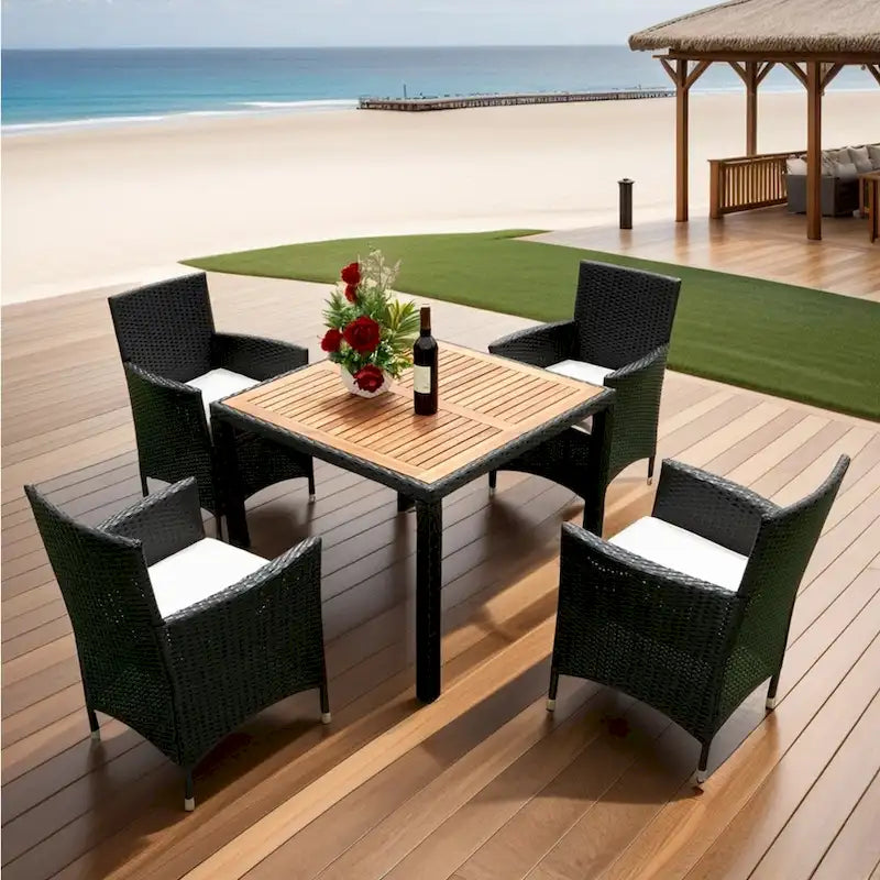 5 Piece Outdoor Patio Wicker Dining Set, Poolside Picnic Beer Coffee Table with 4 Removable Cushions Wicker Arm Chairs