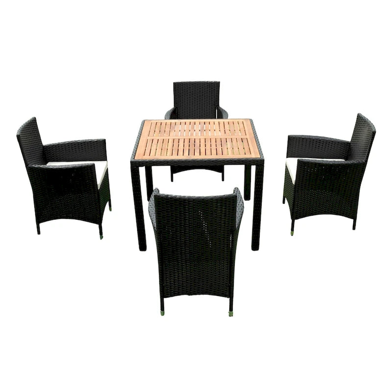 5 Piece Outdoor Patio Wicker Dining Set, Poolside Picnic Beer Coffee Table with 4 Removable Cushions Wicker Arm Chairs