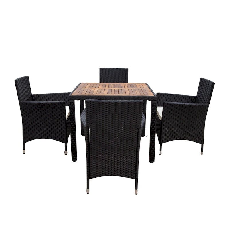 5 Piece Outdoor Patio Wicker Dining Set, Poolside Picnic Beer Coffee Table with 4 Removable Cushions Wicker Arm Chairs