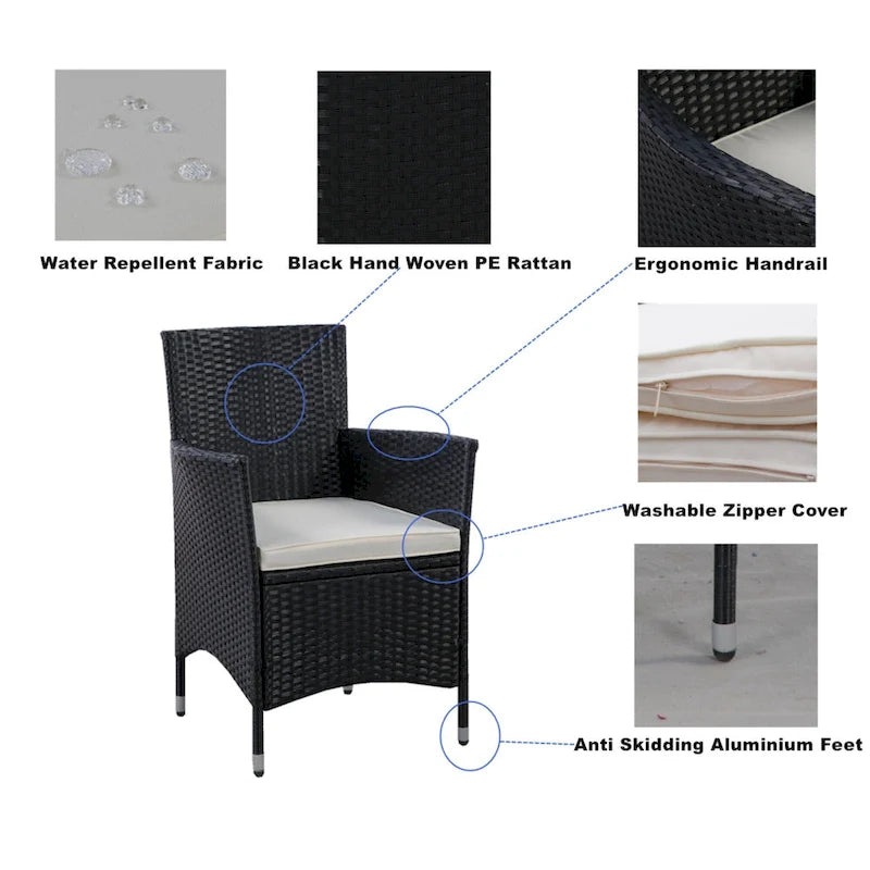5 Piece Outdoor Patio Wicker Dining Set, Poolside Picnic Beer Coffee Table with 4 Removable Cushions Wicker Arm Chairs