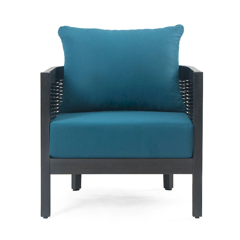 Outdoor Acacia Wood Wicker Club Chair with Waterproof Cushions, Rattan Patio Single Chair for Patio, Club, Yard, Porch