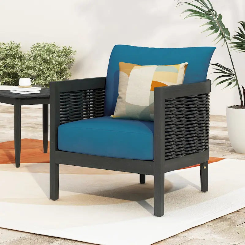 Outdoor Acacia Wood Wicker Club Chair with Waterproof Cushions, Rattan Patio Single Chair for Patio, Club, Yard, Porch