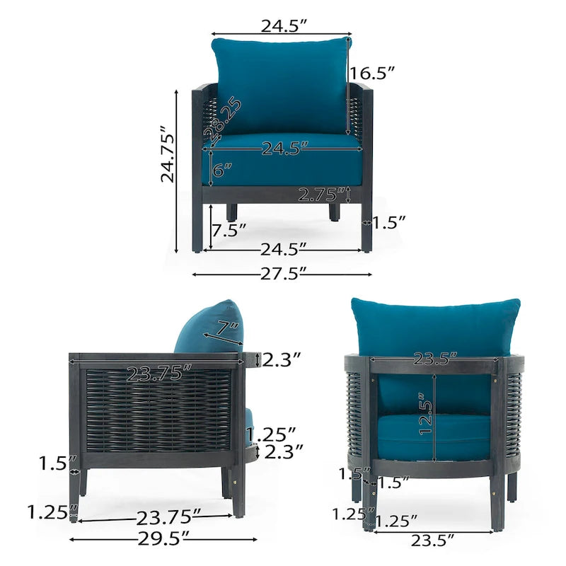 Outdoor Acacia Wood Wicker Club Chair with Waterproof Cushions, Rattan Patio Single Chair for Patio, Club, Yard, Porch