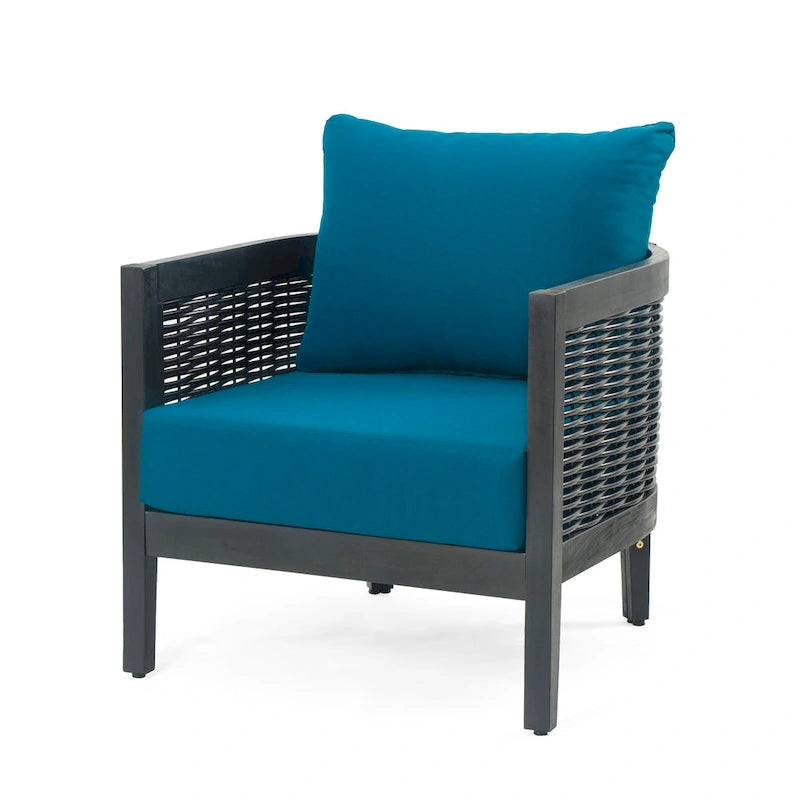 Outdoor Acacia Wood Wicker Club Chair with Waterproof Cushions, Rattan Patio Single Chair for Patio, Club, Yard, Porch