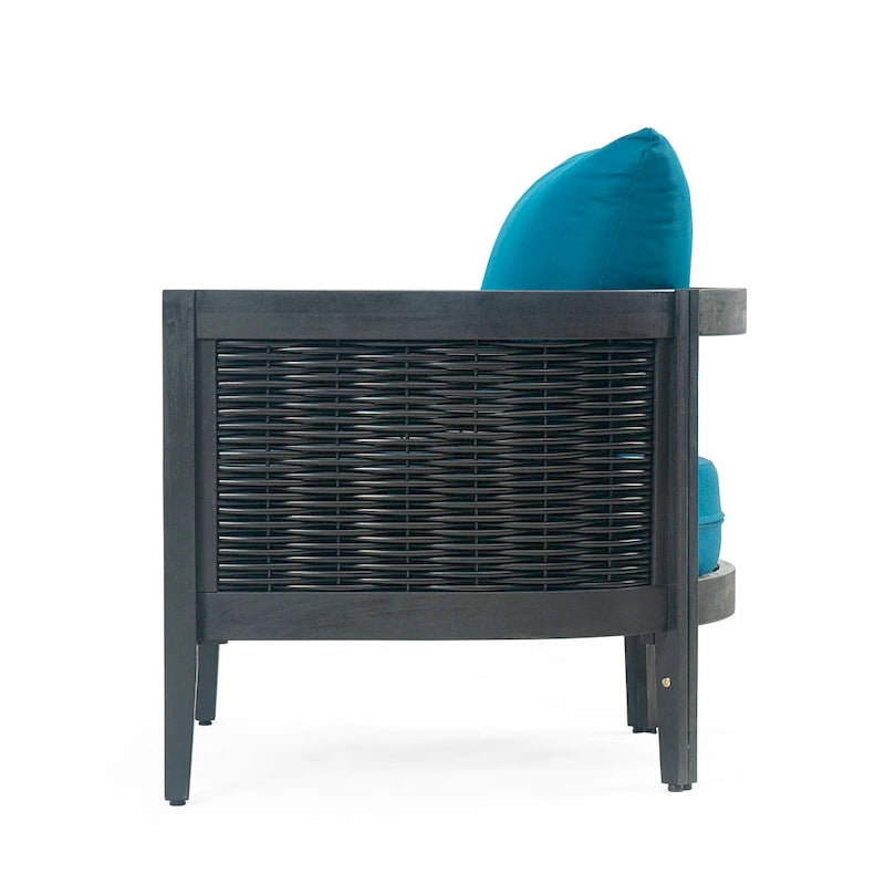 Outdoor Acacia Wood Wicker Club Chair with Waterproof Cushions, Rattan Patio Single Chair for Patio, Club, Yard, Porch