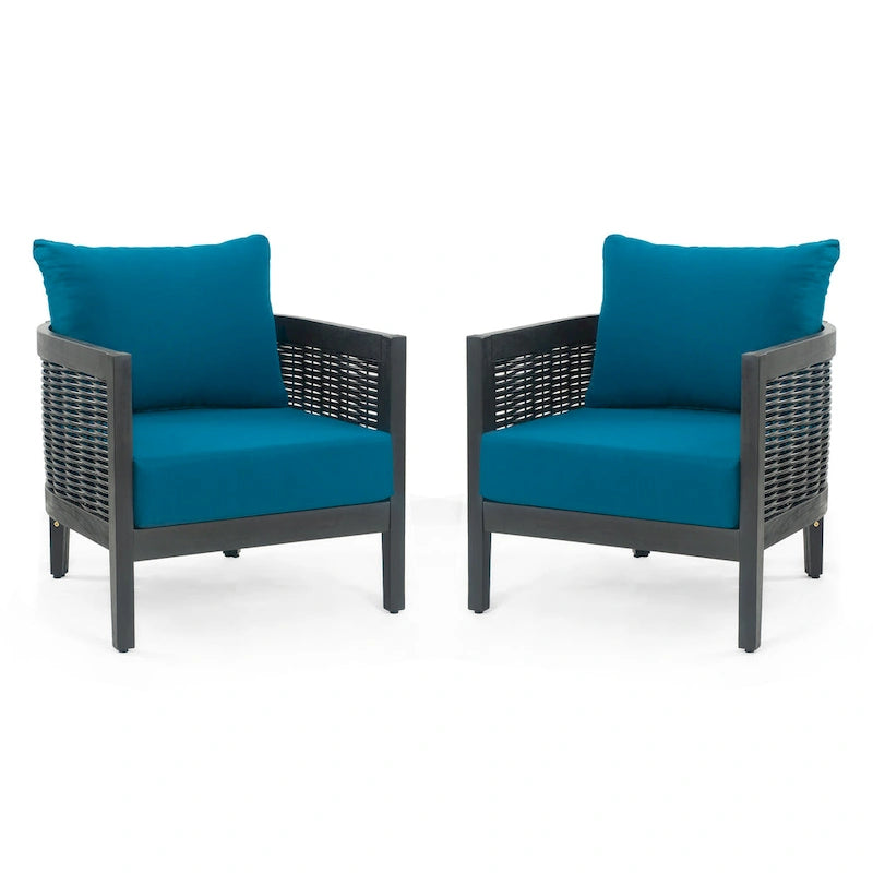 Outdoor Acacia Wood Wicker Club Chair with Waterproof Cushions, Rattan Patio Single Chair for Patio, Club, Yard, Porch
