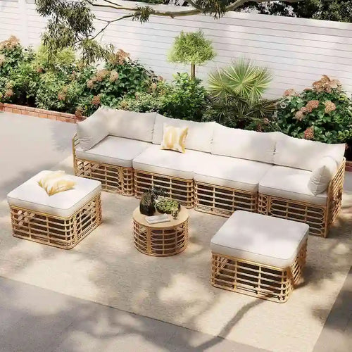 7-Piece Outdoor Rattan Patio Furniture Set with Cushions and Coffee Table