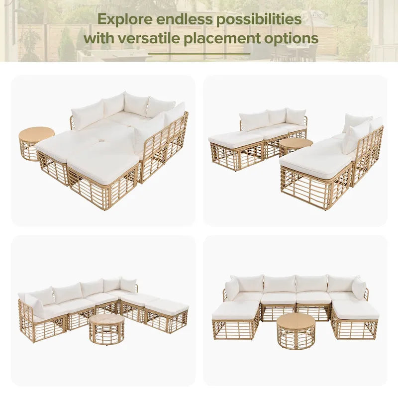 7-Piece Outdoor Rattan Patio Furniture Set with Cushions and Coffee Table