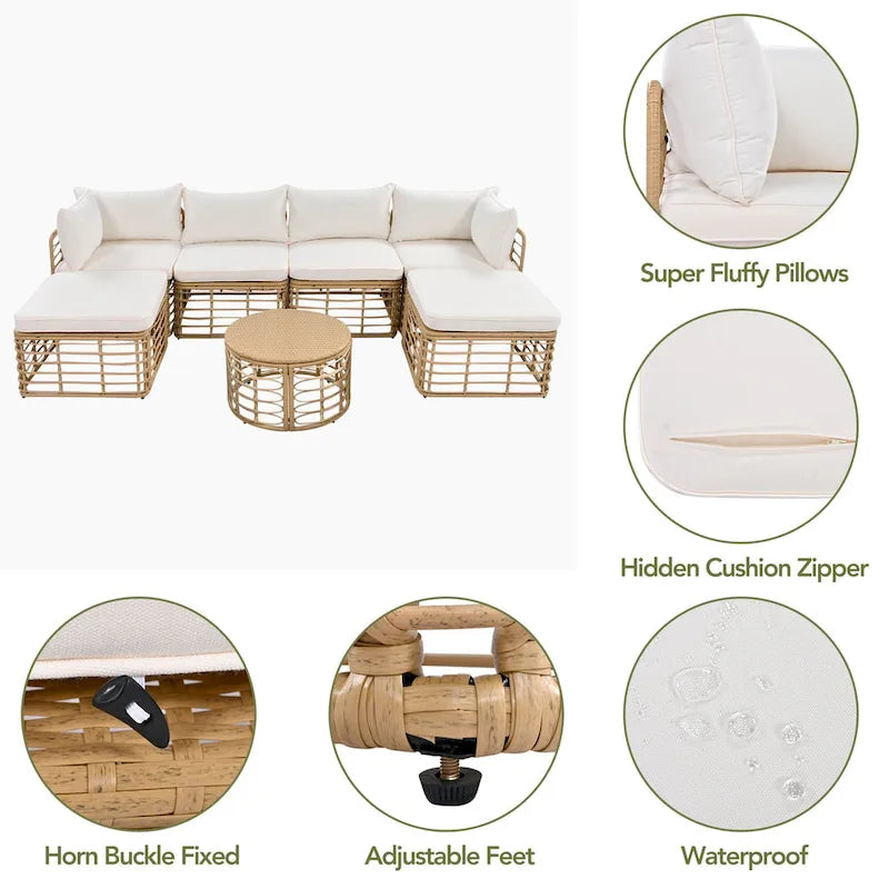 7-Piece Outdoor Rattan Patio Furniture Set with Cushions and Coffee Table
