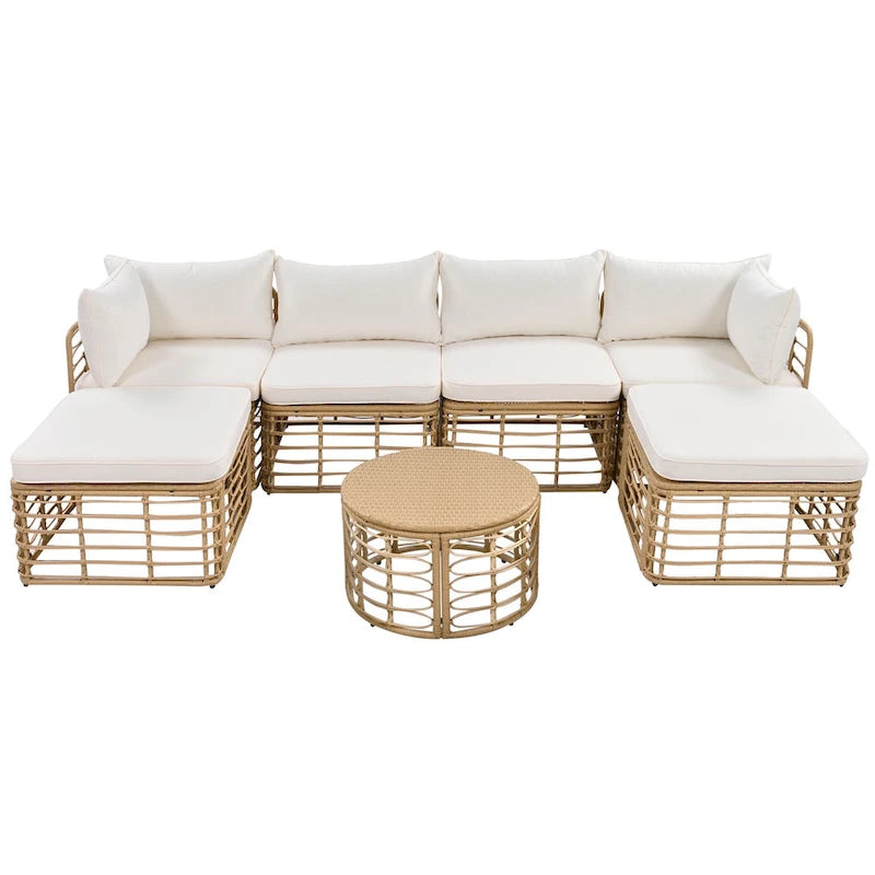7-Piece Outdoor Rattan Patio Furniture Set with Cushions and Coffee Table