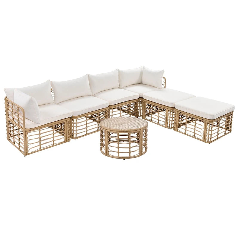 7-Piece Outdoor Rattan Patio Furniture Set with Cushions and Coffee Table
