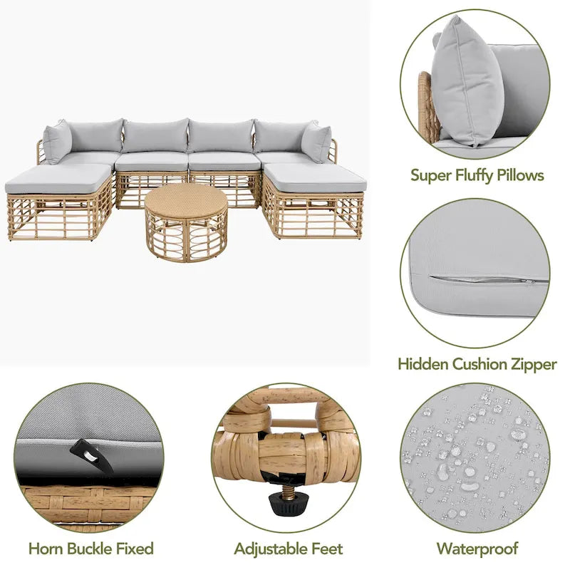 7-Piece Outdoor Rattan Patio Furniture Set with Cushions and Coffee Table