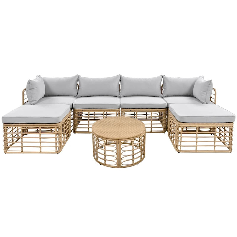 7-Piece Outdoor Rattan Patio Furniture Set with Cushions and Coffee Table