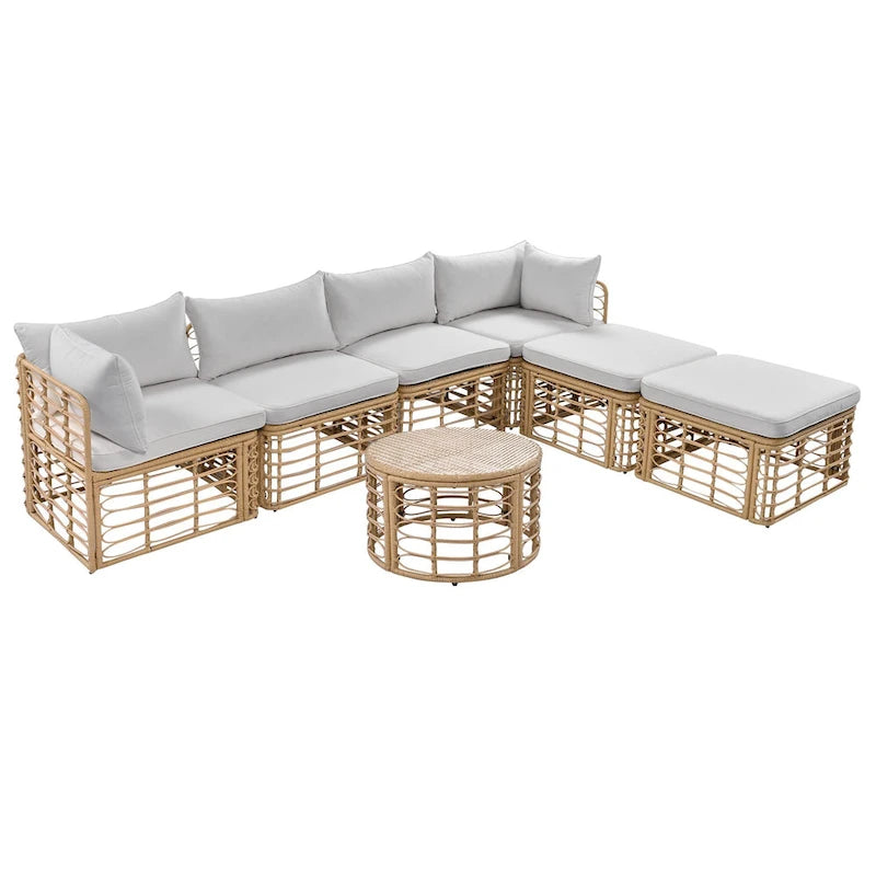 7-Piece Outdoor Rattan Patio Furniture Set with Cushions and Coffee Table