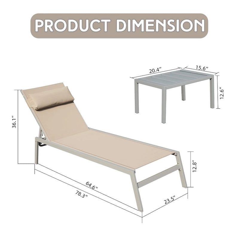 All Weather Patio Chaise Lounge Set of 3, Outdoor Adjustable Recliner with Side Table for Poolside, Beach, Yard, Balcony