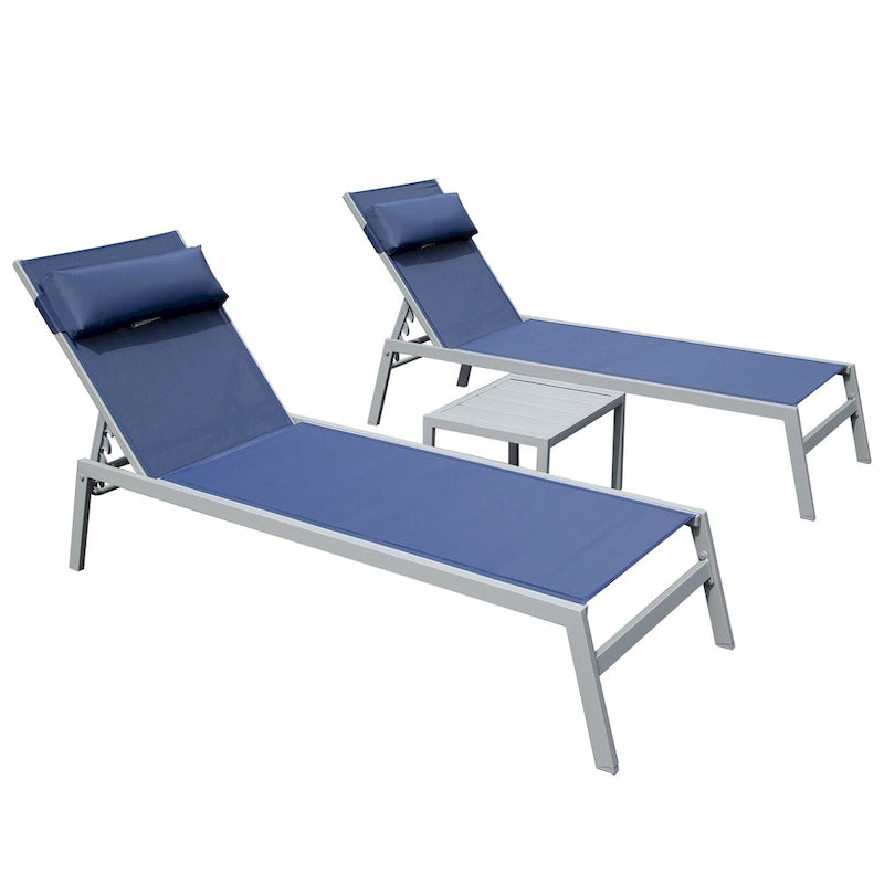 All Weather Patio Chaise Lounge Set of 3, Outdoor Adjustable Recliner with Side Table for Poolside, Beach, Yard, Balcony