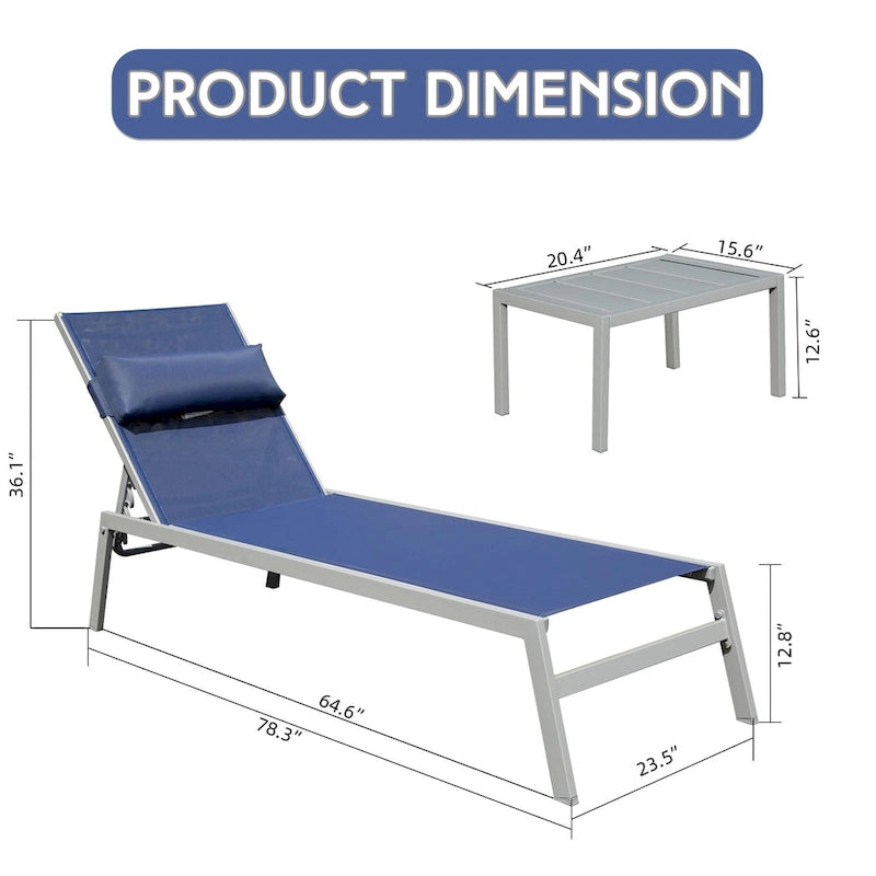 All Weather Patio Chaise Lounge Set of 3, Outdoor Adjustable Recliner with Side Table for Poolside, Beach, Yard, Balcony