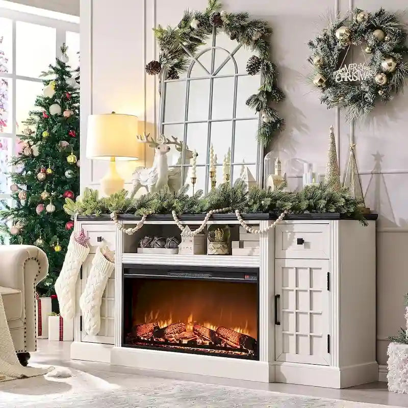 Farmhouse TV Stand with Fireplace for 80 TV, 70 Entertainment Center