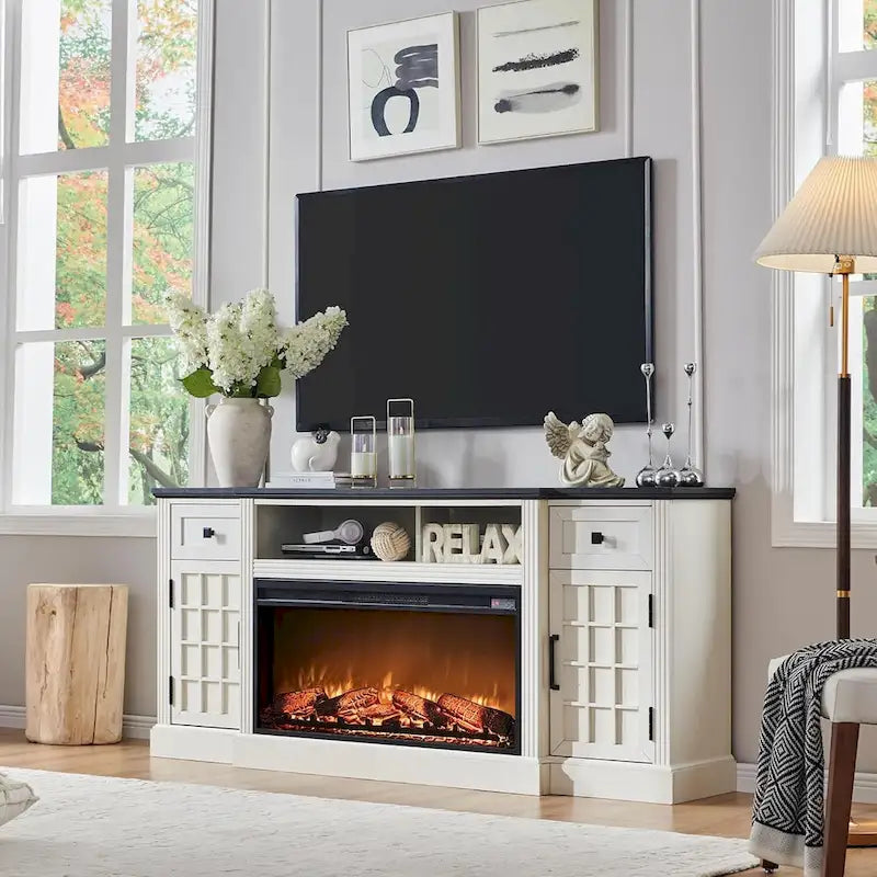 Farmhouse TV Stand with Fireplace for 80 TV, 70 Entertainment Center
