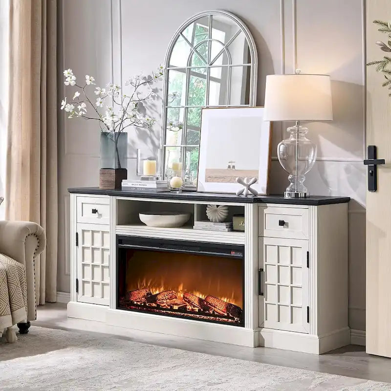 Farmhouse TV Stand with Fireplace for 80 TV, 70 Entertainment Center