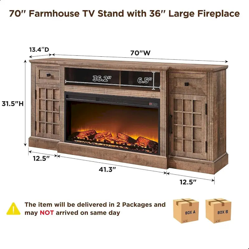 Farmhouse TV Stand with Fireplace for 80 TV, 70 Entertainment Center