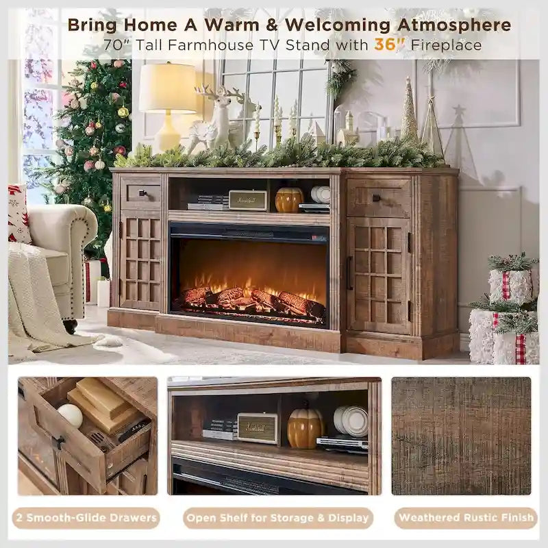 Farmhouse TV Stand with Fireplace for 80 TV, 70 Entertainment Center