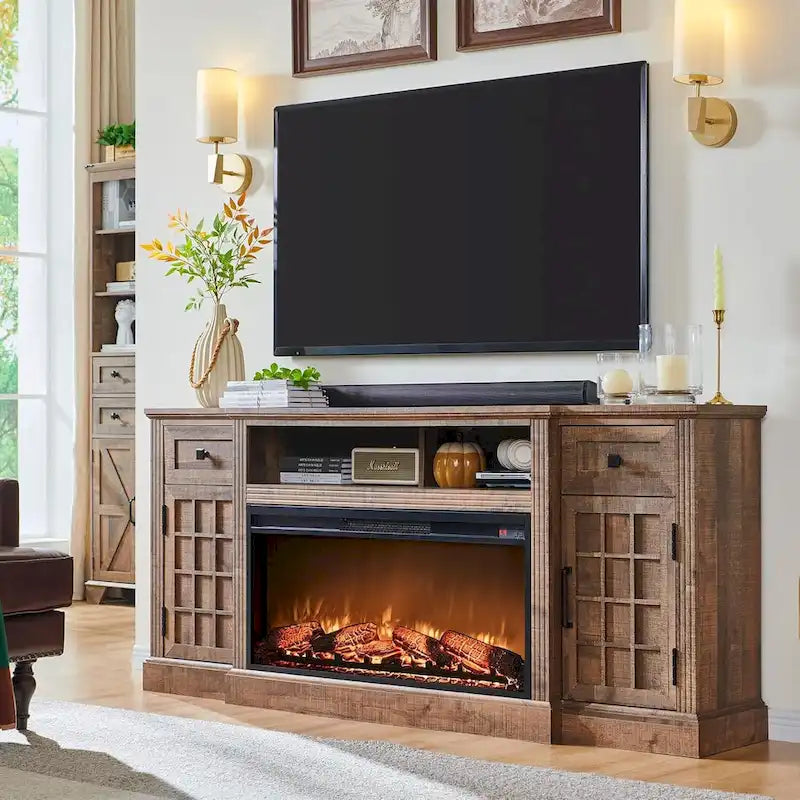 Farmhouse TV Stand with Fireplace for 80 TV, 70 Entertainment Center
