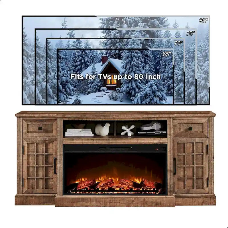 Farmhouse TV Stand with Fireplace for 80 TV, 70 Entertainment Center