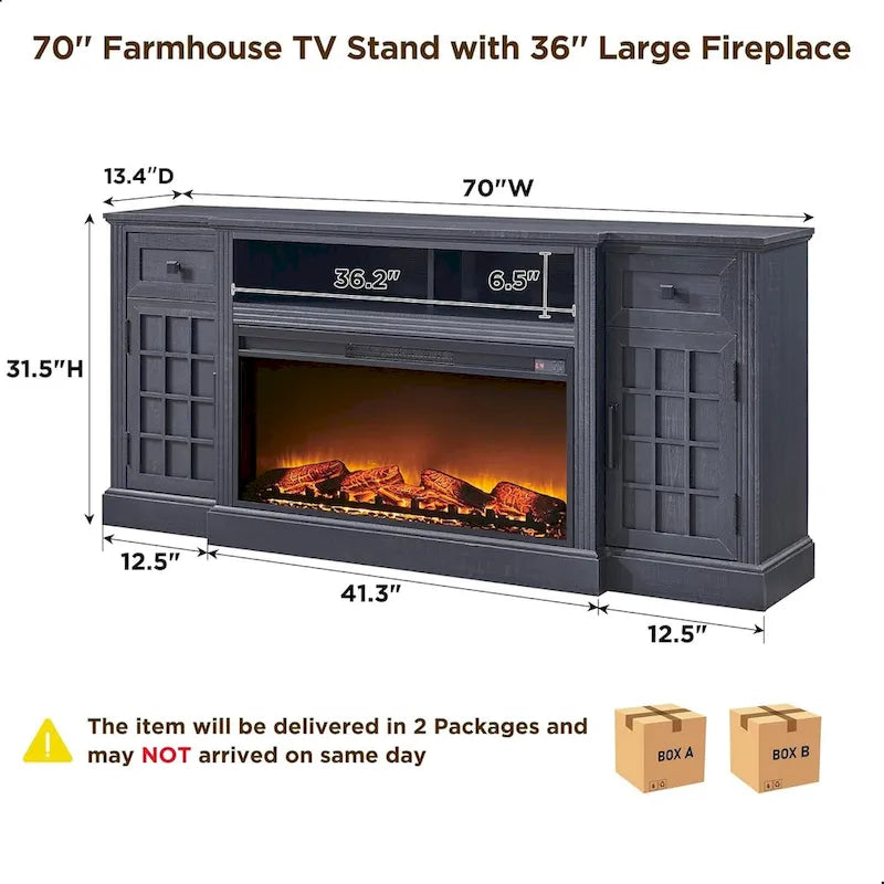 Farmhouse TV Stand with Fireplace for 80 TV, 70 Entertainment Center