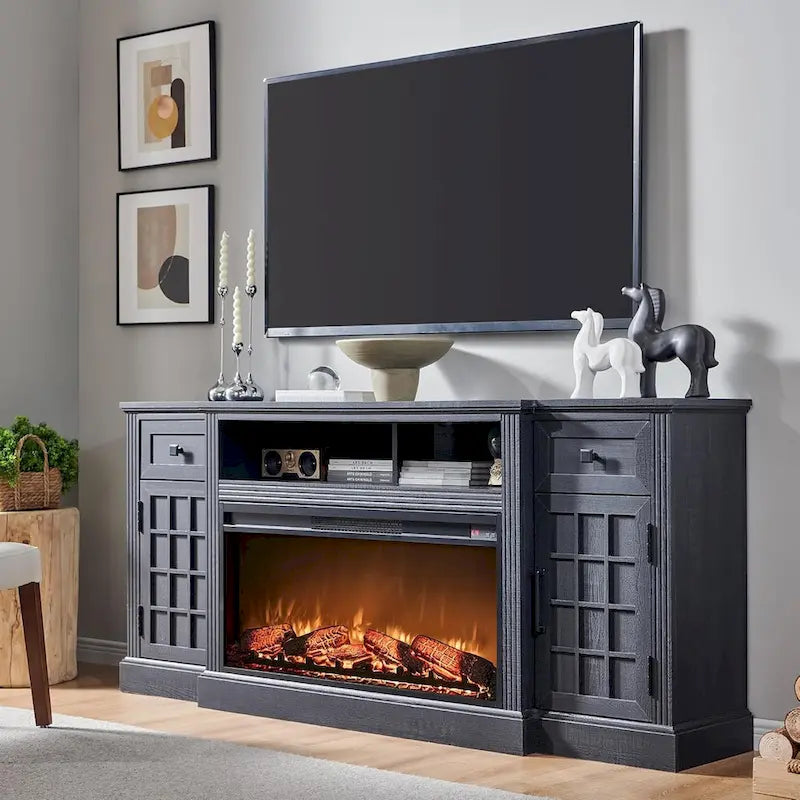Farmhouse TV Stand with Fireplace for 80 TV, 70 Entertainment Center