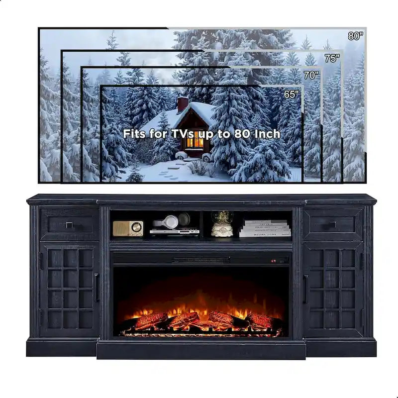Farmhouse TV Stand with Fireplace for 80 TV, 70 Entertainment Center