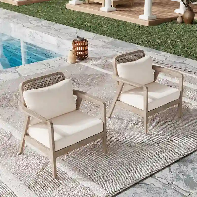 (SET OF 2) Outdoor Acacia Wood Patio Club Chair, Patio Furniture,Waterproof Thick Cushion Deep Seating