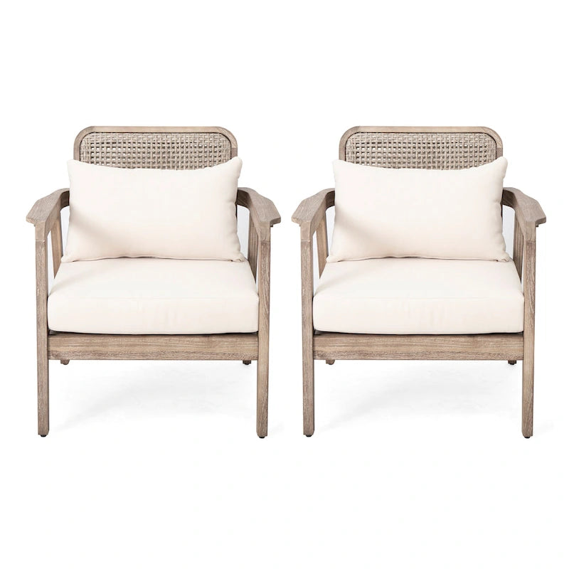 (SET OF 2) Outdoor Acacia Wood Patio Club Chair, Patio Furniture,Waterproof Thick Cushion Deep Seating