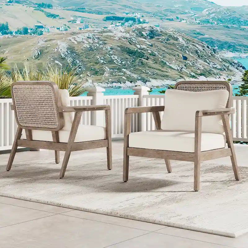 (SET OF 2) Outdoor Acacia Wood Patio Club Chair, Patio Furniture,Waterproof Thick Cushion Deep Seating