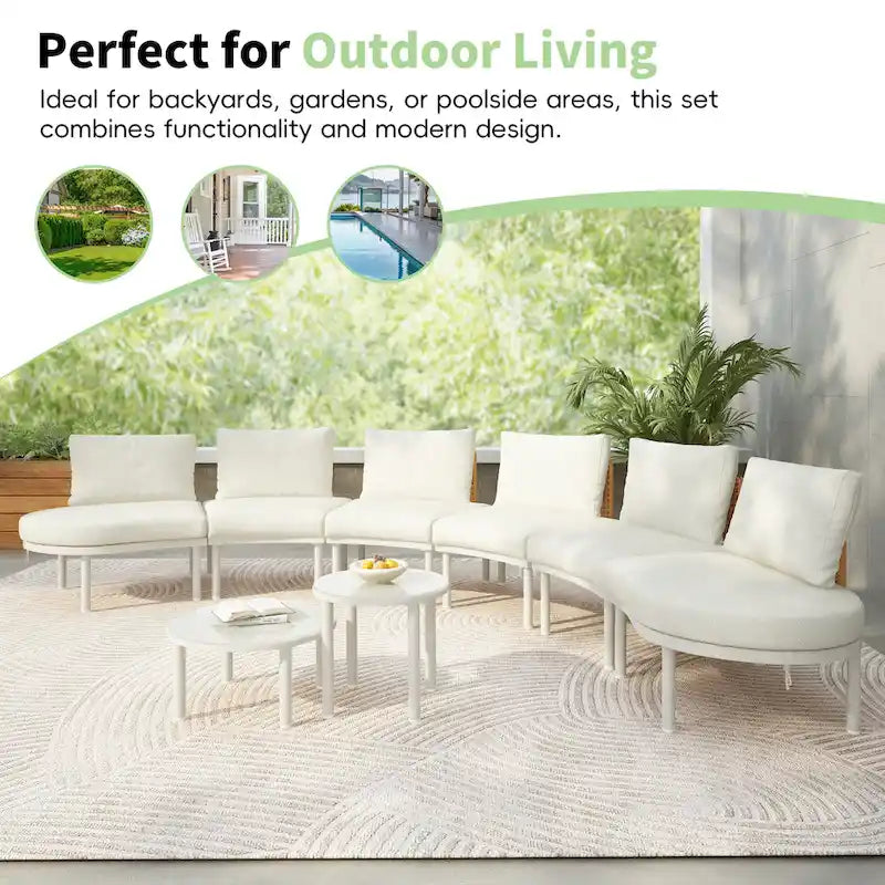 Elegant 8-Piece Modular Half Moon Patio Sofa Set with High-Low Coffee Tables
