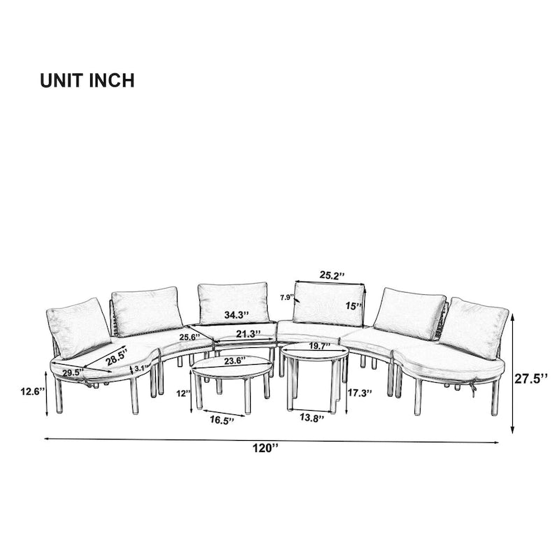 Elegant 8-Piece Modular Half Moon Patio Sofa Set with High-Low Coffee Tables