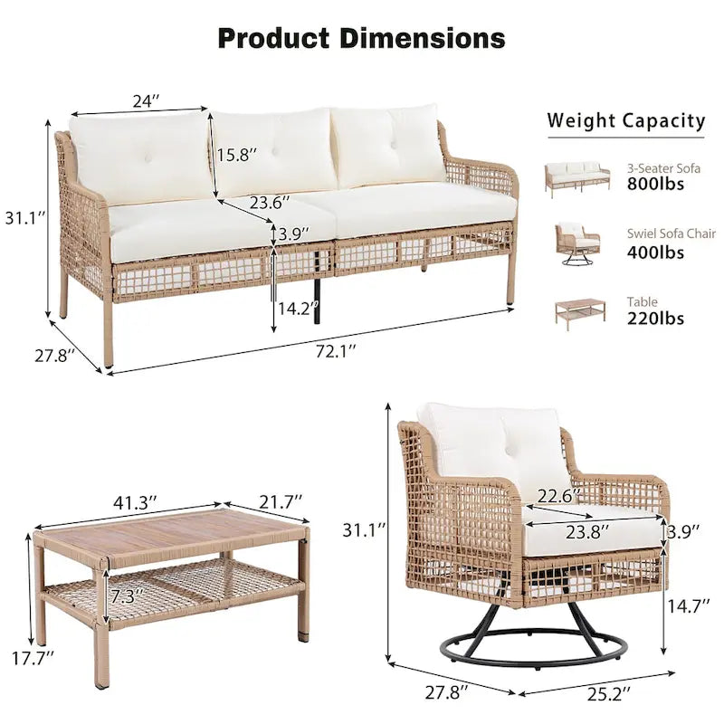 72.1 W Outdoor Conversation Wicker Sofas 4 Pieces Patio Furniture Set with Swivel Chairs